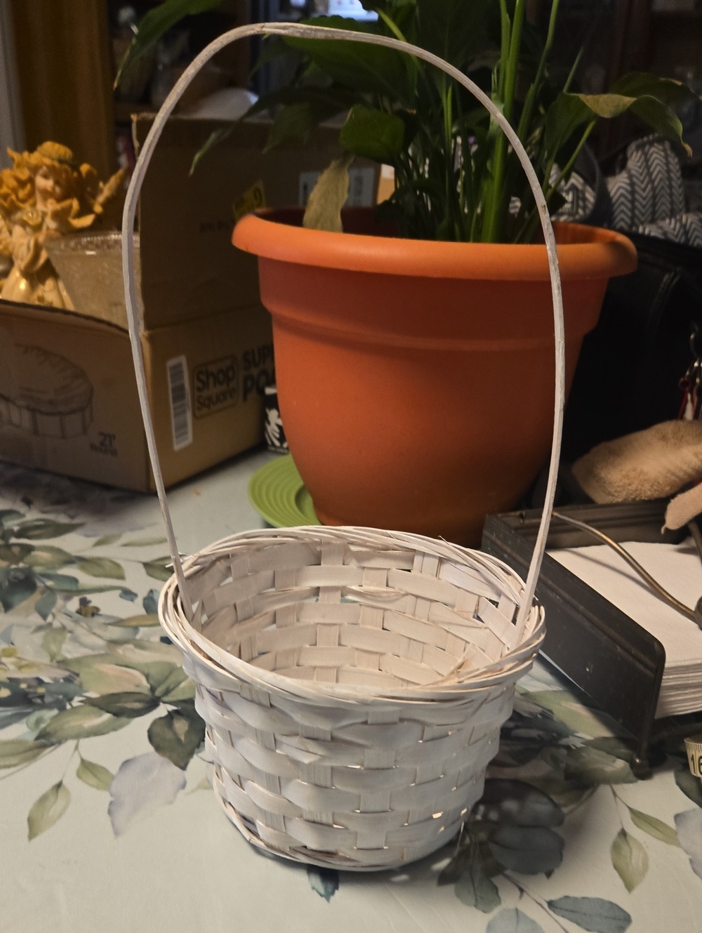 White Woven Decorative Basket with Handle